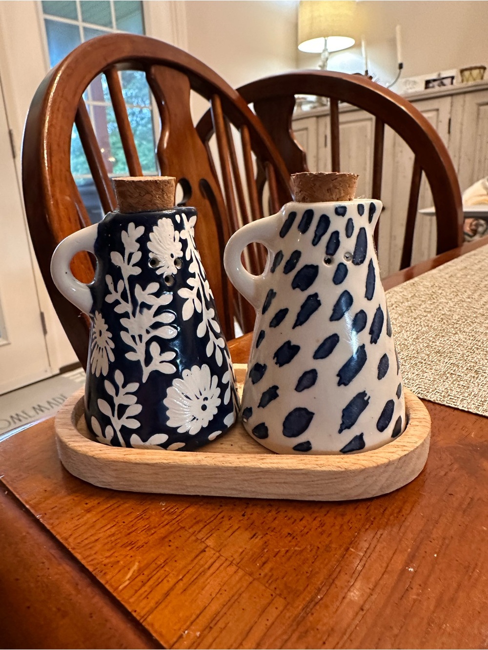 Mud Pie Blue and White Ceramic Salt and Pepper Shakers on Wood Tray